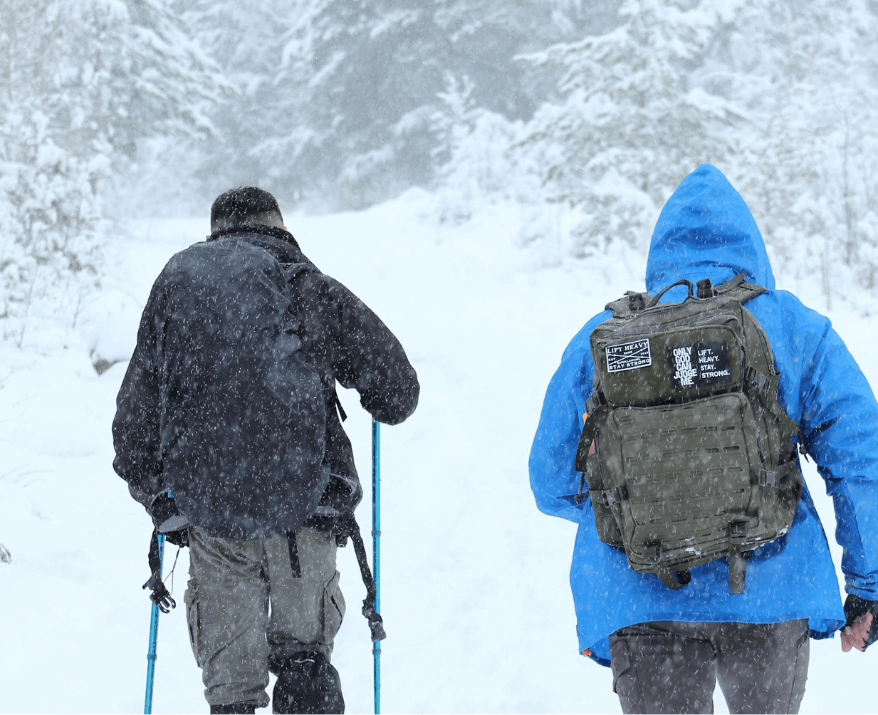 Deux hommes de dos en train de marcher près de sapins pendant un trek sous la neige.
